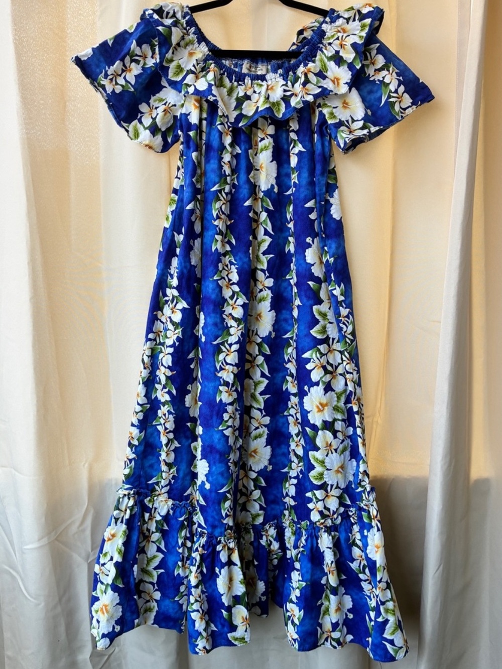 Royal Hawaiian Creations Blue Floral Hibiscus Tiki Cotton Muumuu Dress sz Small